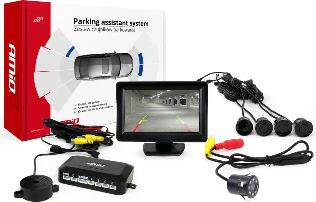 AMiO Assistente al parcheggio TFT01 4,3" con telecamera HD-307-IR a 4 sensori nero