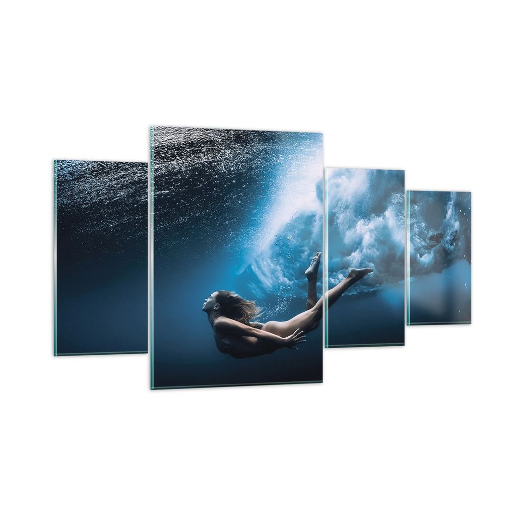 Bilder auf glas - 4 Teile - Tauchen Frau Wellen - 160x90cm - Glasbilder - Wandbilder - Bilder - zum Aufhängen bereit - Wanddekoration aus Glas - G...