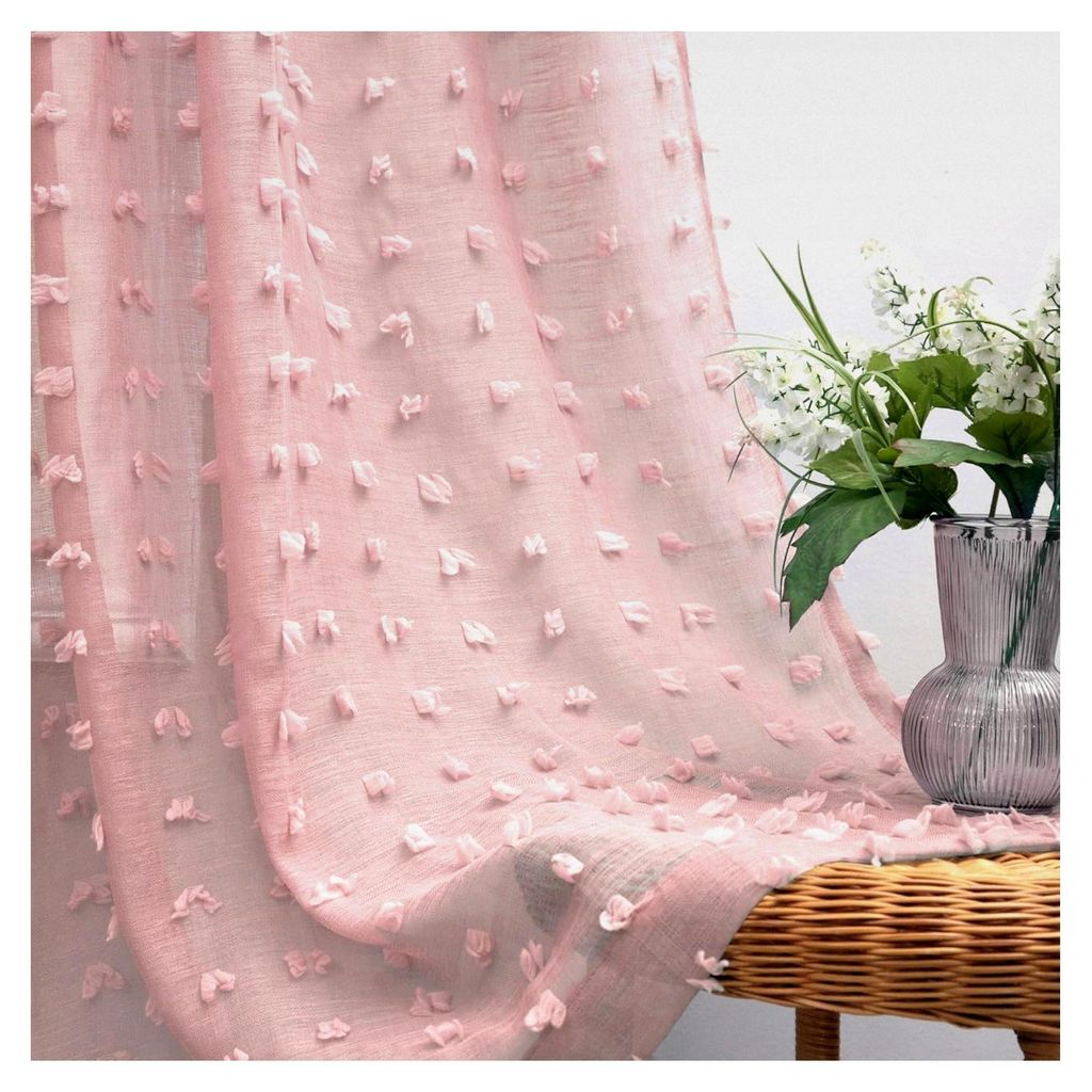 Durchsichtige Vorhänge mit Schleifen, Blumen, Pompons, Boho, Spitze, für Himmelbett, Schlafzimmer, Schrank, 2 Paneele, 213 cm lang, Hellrosa/blas...
