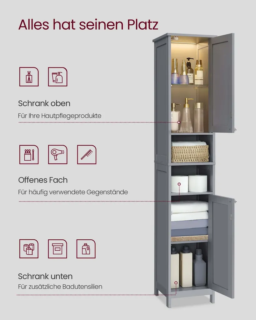 Armoire de Salle de Bain Grise en MDF avec Éclairage LED - Format Slim
