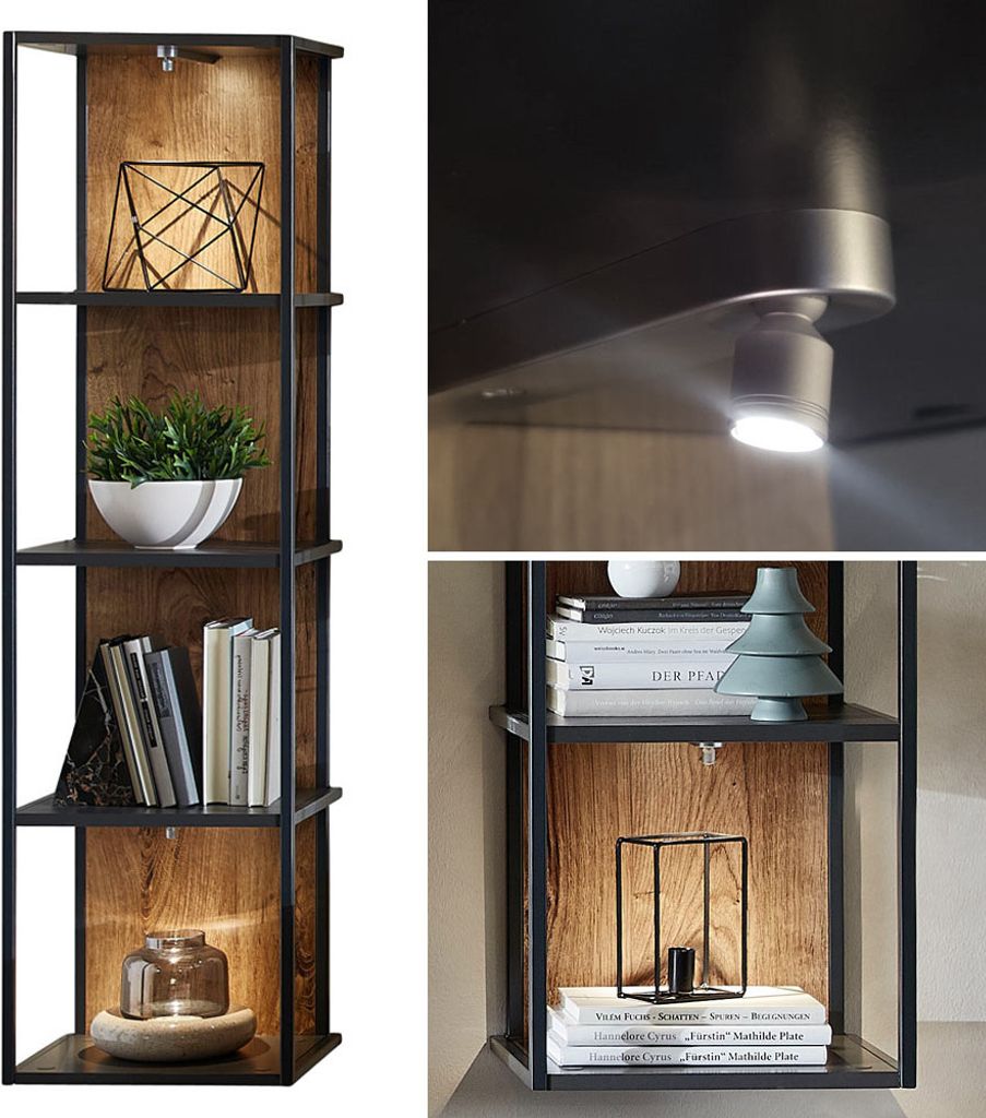 Industrial Wandregal in Haveleiche Cognac mit graphit MINNEAPOLIS-55 inkl. LED-Beleuchtung B/H/T: ca. 35/128/28cm