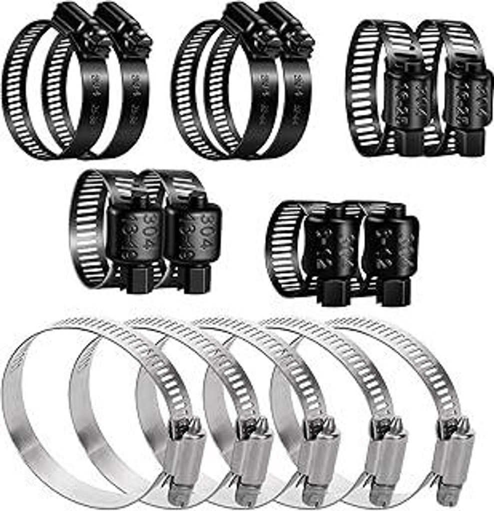 15 Stück Schlauchschellen Edelstahl Set, 5 Größen Schwarz Schlauchklemmen 6-63mm, 5 weiße in 40-63 mm Größe, Hochwertige Rostfreie Schlauchsc...