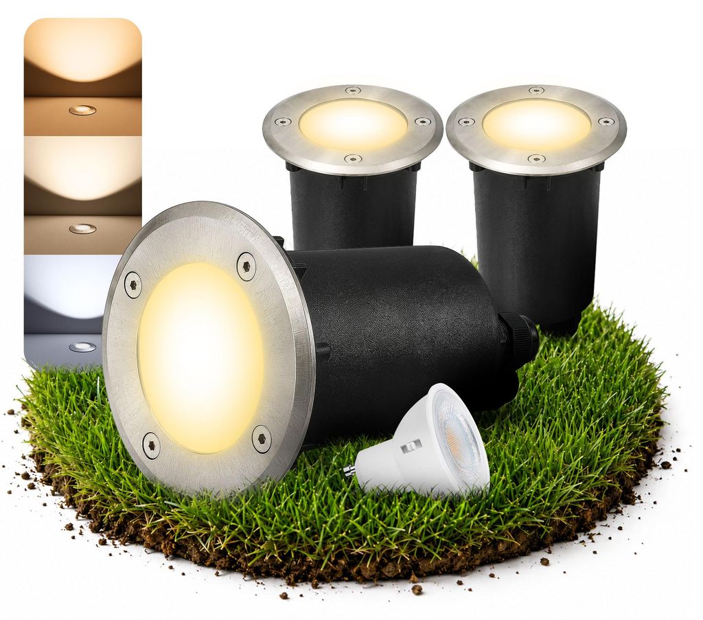 3er Set MARNE LED Bodeneinbaustrahler aussen GU10 - mit LED GU10 3W drei einstellbaren Lichtfarben 3CCT - Bodenspot rund IP67 befahrbar betretbar 230V