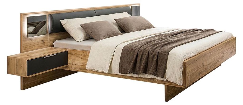 Schlafzimmer Doppelbett mit 160x200 cm Liegefläche in Eiche und graphit, inkl. Kopfteilpolster & beleuchtetem Glaspaneel - VIESTE-43
