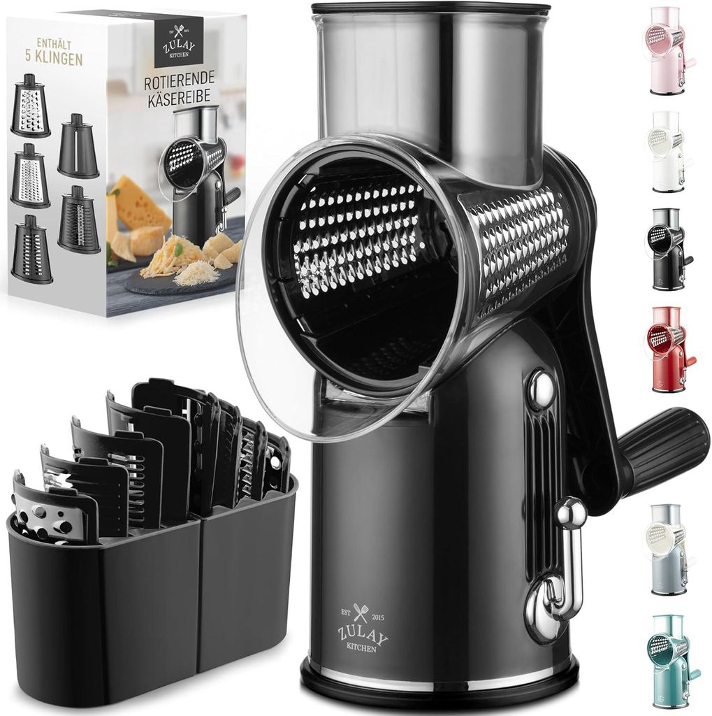 5-in-1 Käsereibe mit Kurbel Edelstahl Gemüsereibe mit Saugfuß, Trommelreibe für Käse Gemüse Nüsse, Parmesanreibe, spülmaschinengeeignet Kü...