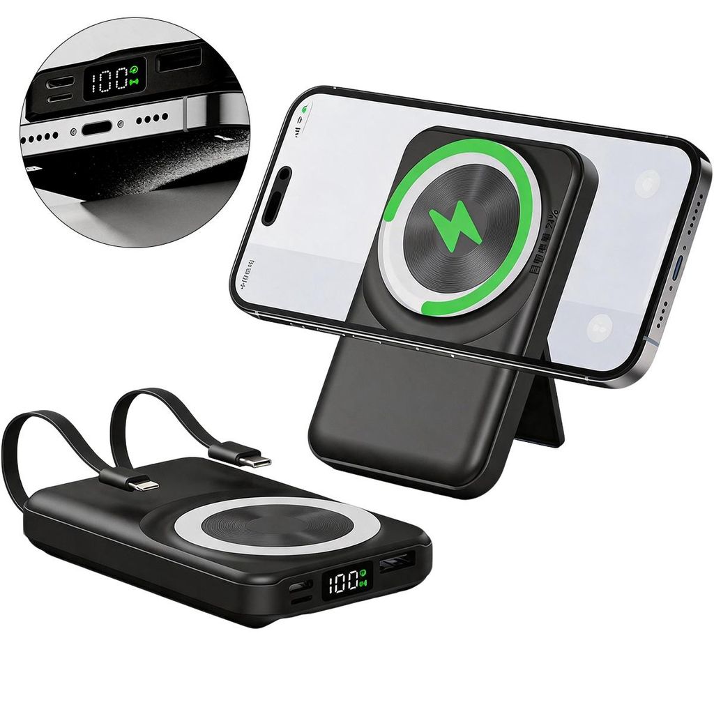 Magnetischer Tragbarer Charger 10000mAh, Wireless Powerbank 15W mit eingebauten Kabeln, LED & Multi-Port für Smartphone