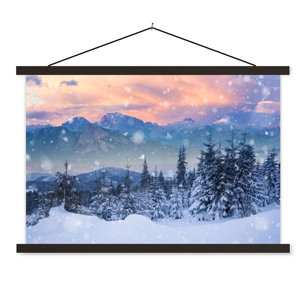 MuchoWow Textilposter Schnee - Himmel - Wald - Winter 120x80 cm mit schwarzem Rahmen - Wanddeko