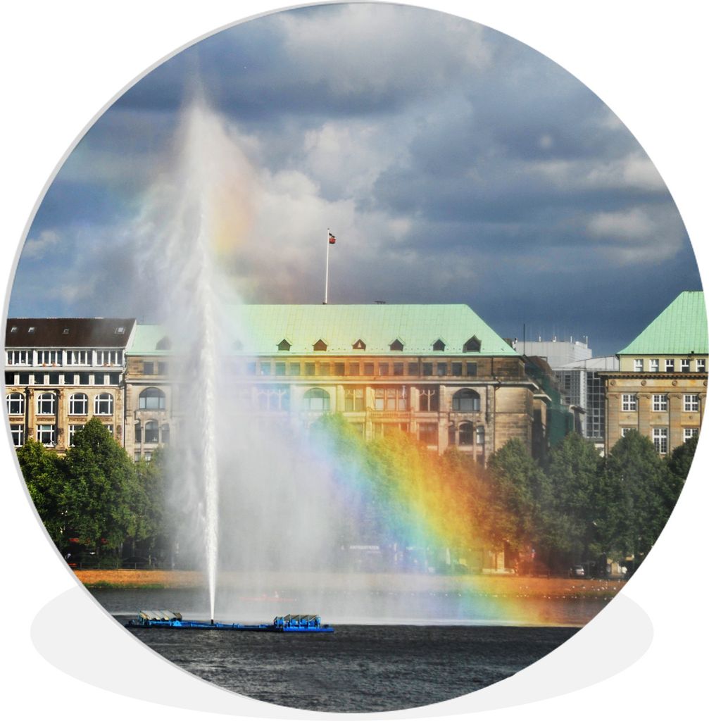 MuchoWow Rundes Wandbild - Runde Bilder Springbrunnen mit Regenbogen Ø 90 cm Kreis Wanddekoration Kunststoff - Wandkreis - Wandschmuck - Wand-Kr...