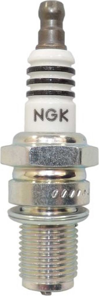 A close-up studio shot of a single spark plug.