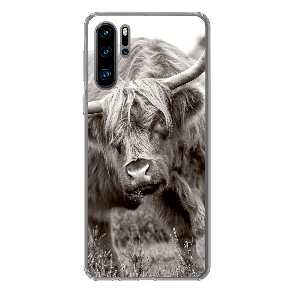 MuchoWow Handyhülle Schutzhülle Hülle für Huawei P30 Pro Schottischer Highlander - Schwarz - Weiß - Hörner Silikon Softcase Handy Hülle - ...
