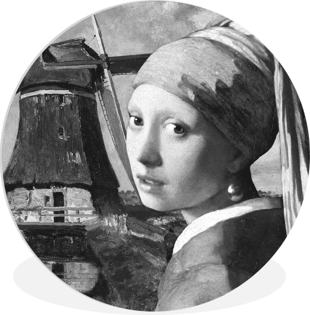 MuchoWow Rundes Wandbild - Runde Bilder Das Mädchen mit dem Perlenohrring - Johannes Vermeer - Schwarz und weiß Ø 90 cm Kreis Wanddekoration K...