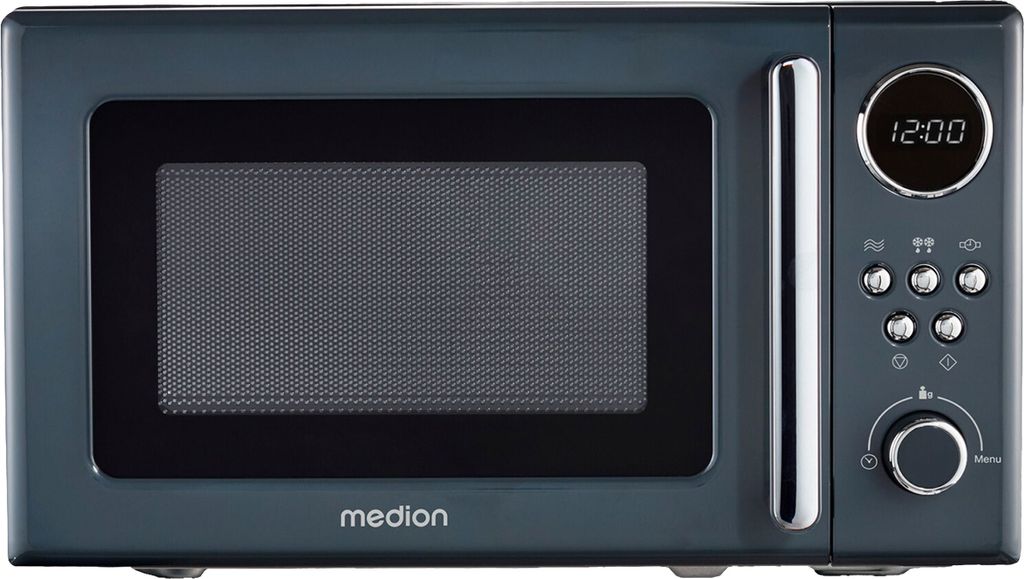 Front view of a gray microwave oven.