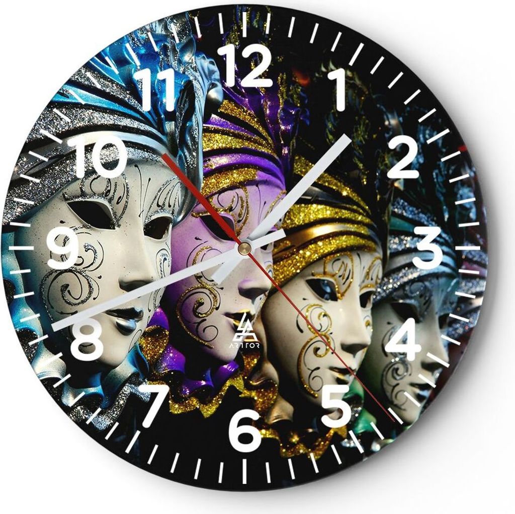 Wanduhr - Rund - Glasuhr - Abstrakt Maske Feder Festival - 30x30cm - Schleichendes Uhrwerk - Lautlos - zum Aufhängen bereit - Dekoration Modern - ...