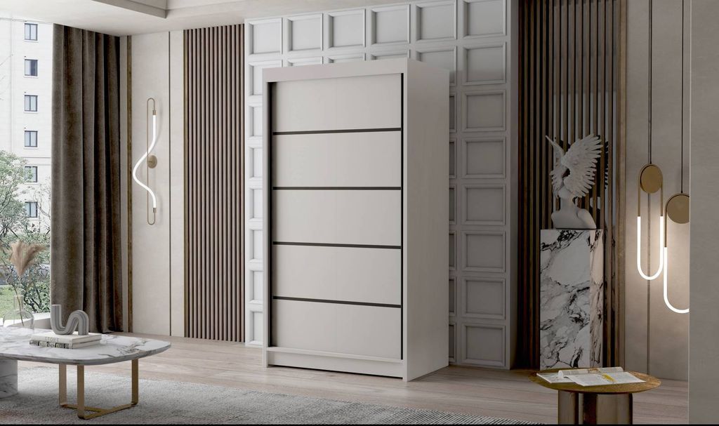 Schwebetürenschrank 2-türig Schrank 100 cm mit Regalen Moderne Kleiderschrank Garderobe für Kleidung Modell FALCO IV SCHWARZ / WEISS