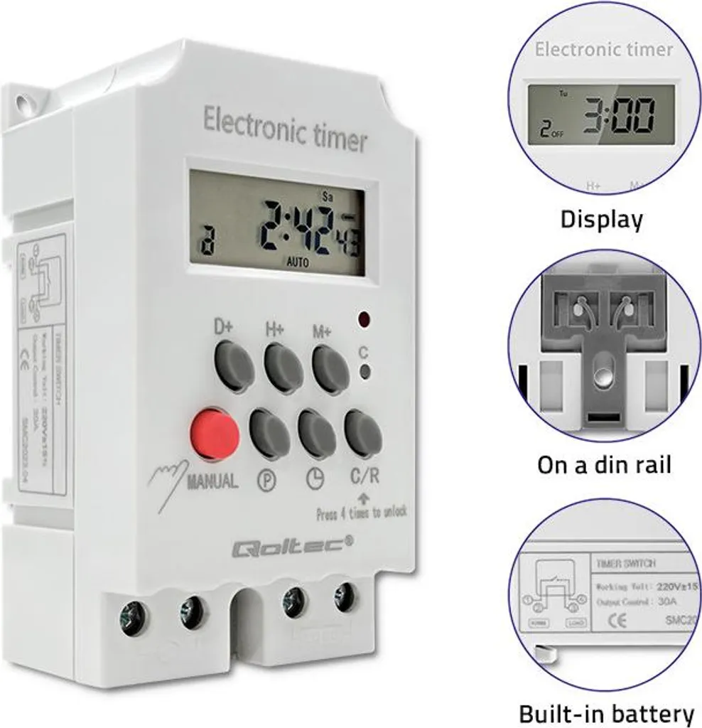 Programmatore Orario Digitale Qoltec 50629 per Guida DIN - LCD 230V - 5