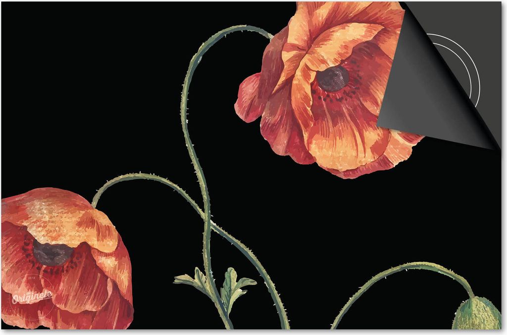 Induktionsschutz 71x52 - abdeckplatte Induktion matt- Dietrix Kochfeldschutz- Base - Botanical - Mohnblume auf Schwarz