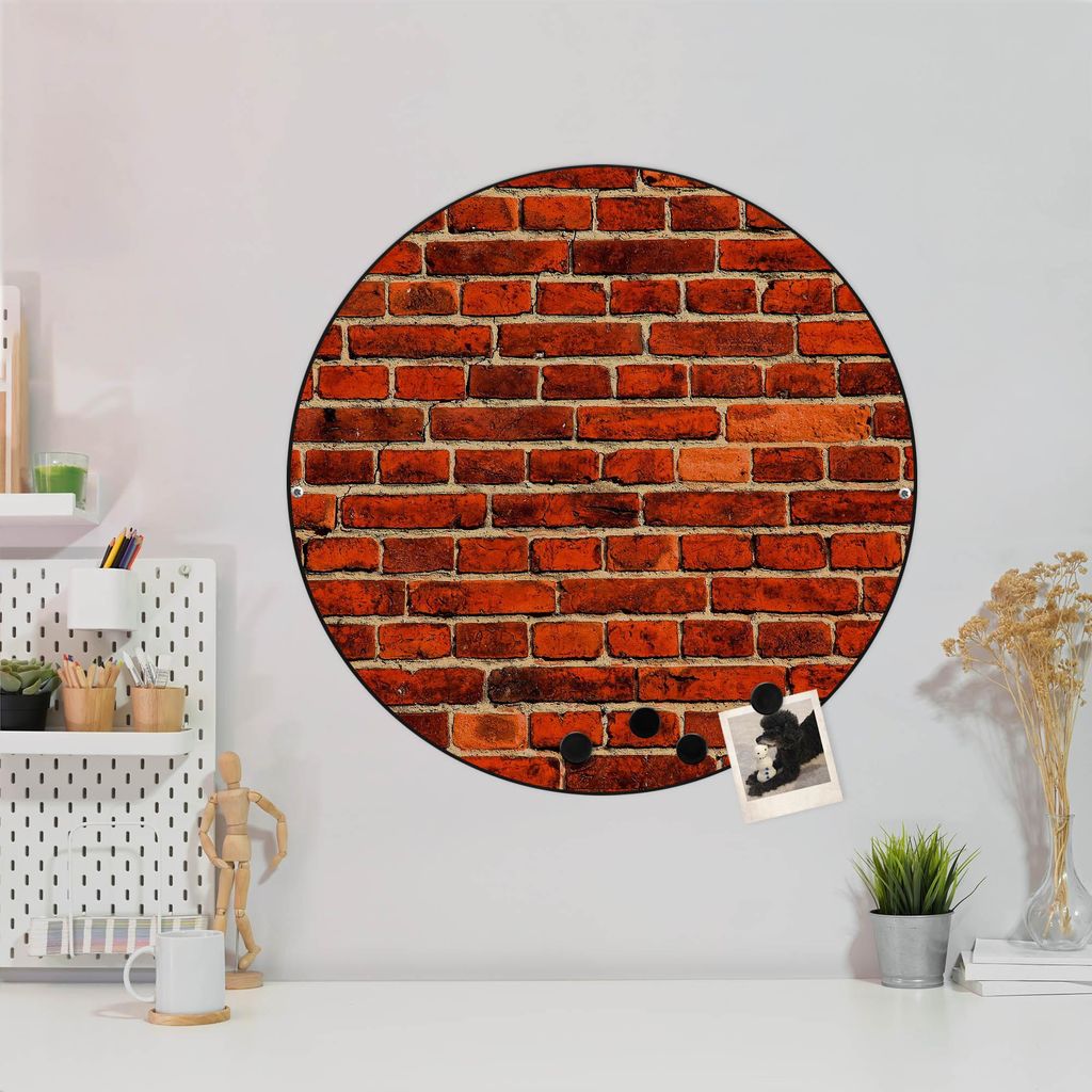 Design Stahlmagnettafel Schwarz Rund 47cm Ziegelwand