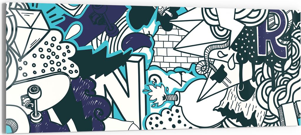 DEQORI Glasbild Echtglas 150x60 cm 'Urbaner Doodle-Mix' Wandbild Bild modern Deko
