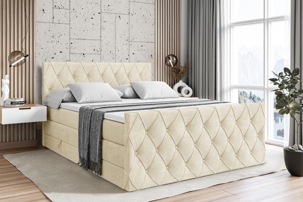ALTDECOR Boxspringbett mit Matratze und Lattenrost - AMAY KING - 140x200 cm - Beige Monolith 04 - Topper, Fußteil, Polsterbett mit Bettkasten, Bet...