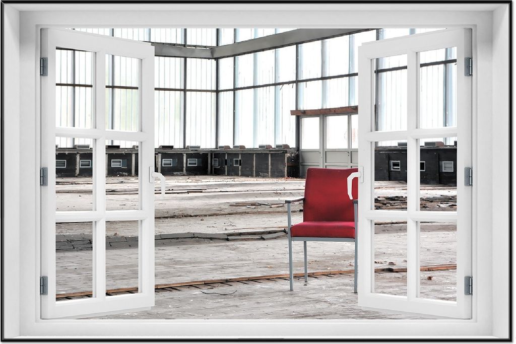 Wallario Wandbild mit Fenster-Illusion: Stille und Leere - ein einsamer roter Stuhl in einer alten Halle, Größe: 61 x 91,5 cm, Poster mit schwarz...