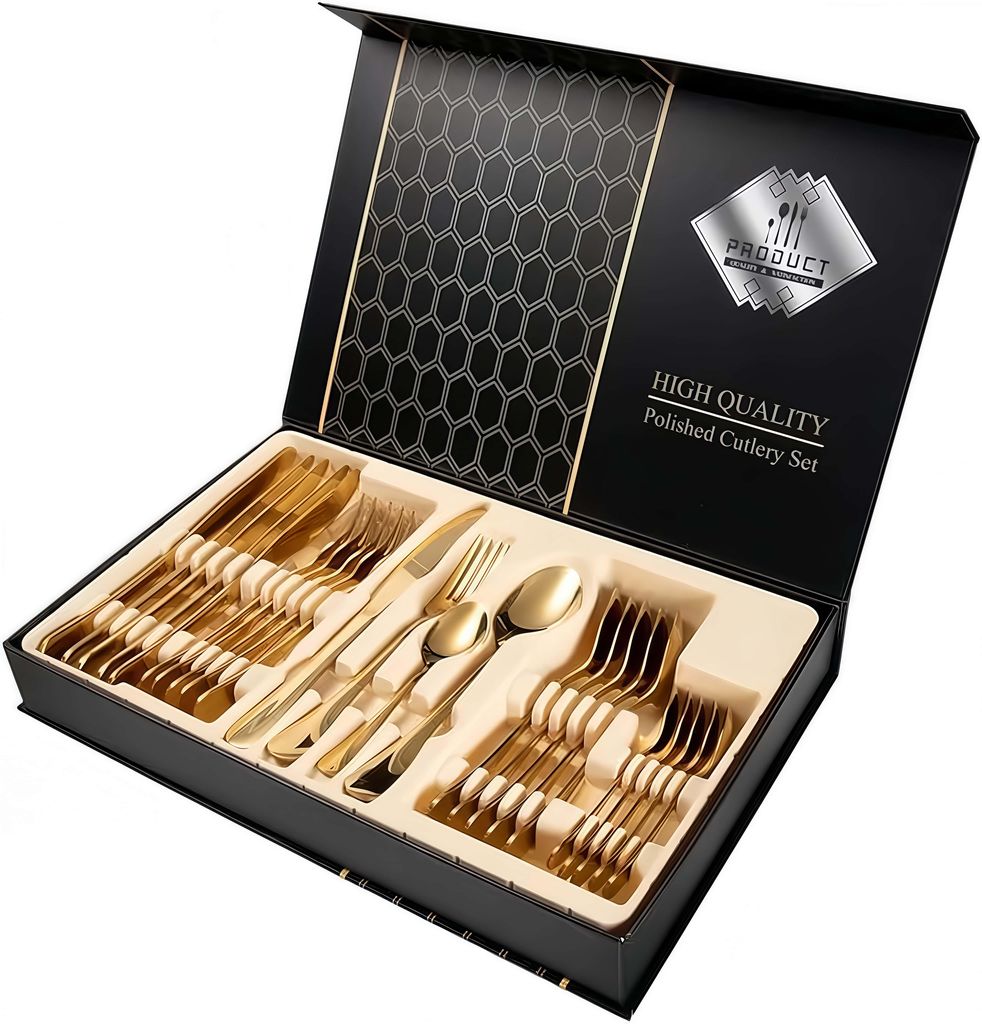 Besteck Set, 24-teiliges Besteckset für 6 Personen, Hochwertige Edelstahl Gehämmertes Tafelbesteck für Haushalt/Küche Spülmaschinenfest, Gold
