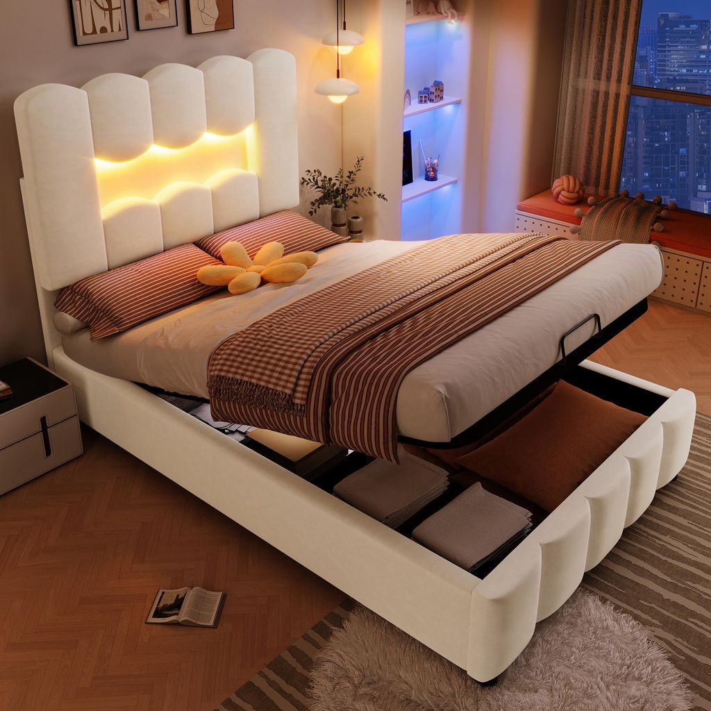 Lit rembourré 90 x 200 cm avec éclairage LED et tête de lit Image du produit 
