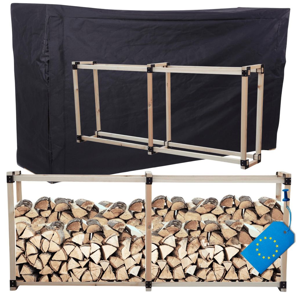 MODO24 Kaminholzregal, Holzunterstand, mit Abdeckung, Schutzplane, Brennholzregal, Holzlager, Garten, Wetterfest, Massivholz, 124x292x40 cm, DRE
