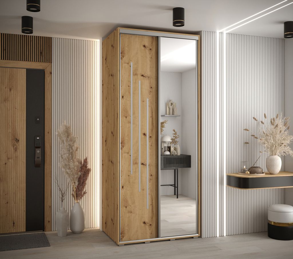Kleiderschrank YVONA 9 - 120/60 cm, Eiche handgefertigt / Silber