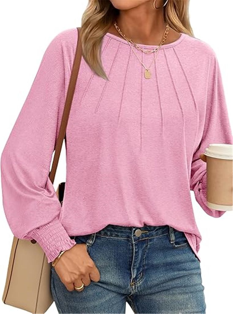 ASKSA Damen T-Shirt Rundhals Langarm Shirt Plissee Laessig Basic Bottoming Bluse Elegant Tunika Oberteile (Rosa,S)