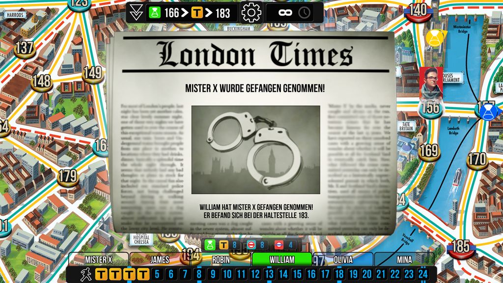 A screenshot from a video game, showing a newspaper headline announcing the capture of 'Mister X' in a game of Scotland Yard.