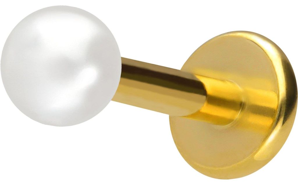 Ohrpiercing, Nasenpiercing Titan Labret mit Innengewinde SYNTHETISCHE PERLE Gold Stablänge: 6mm | Stabstärke: 1,6mm | Perlengröße: 3mm