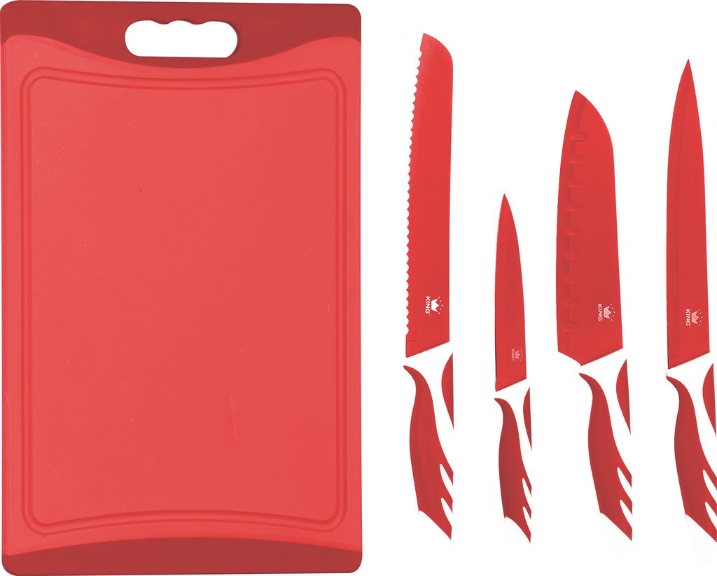 5tlg. KING Messer- und Schneidebrettset / Farbe: Rot / 4 Messer / 1 Schneidebrett