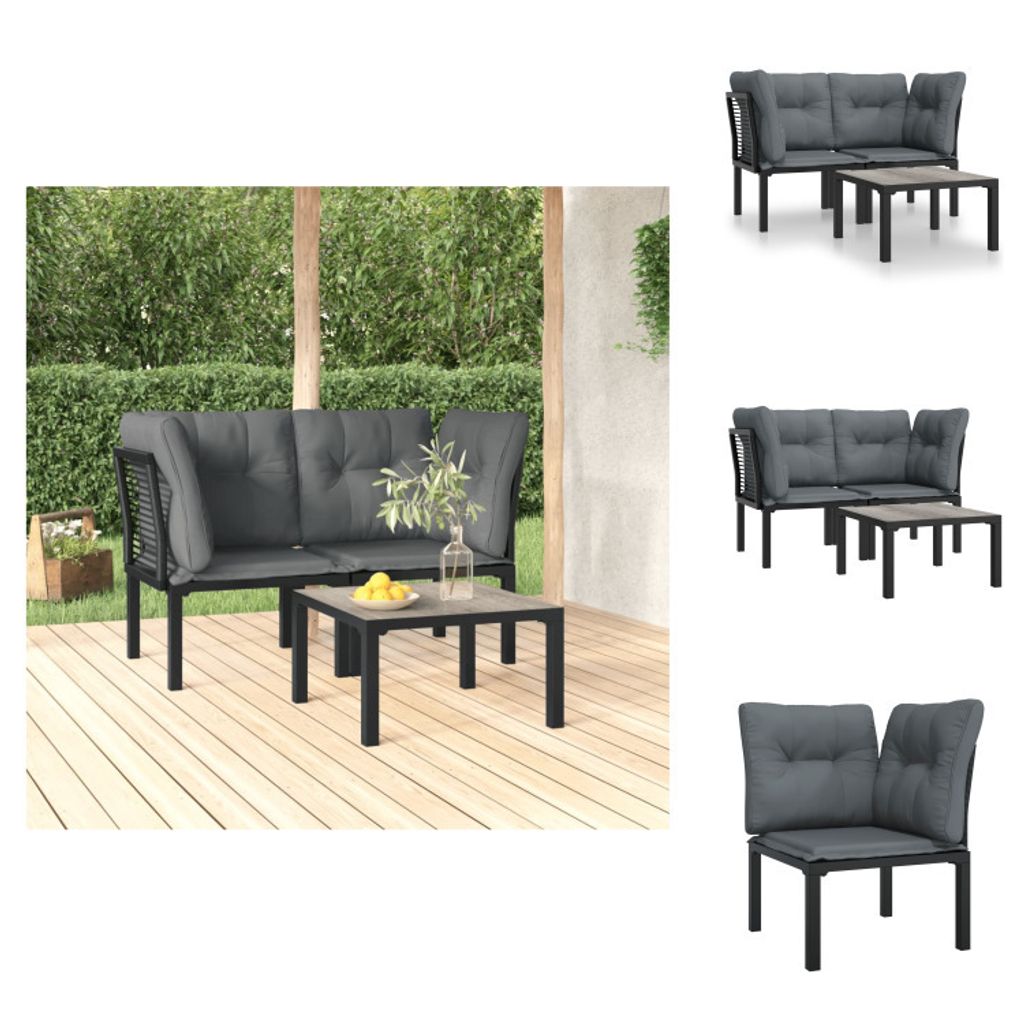 vidaXL 3-tlg. Garten-Lounge-Set Schwarz und Grau Poly Rattan - Gartenmöbel-Sets