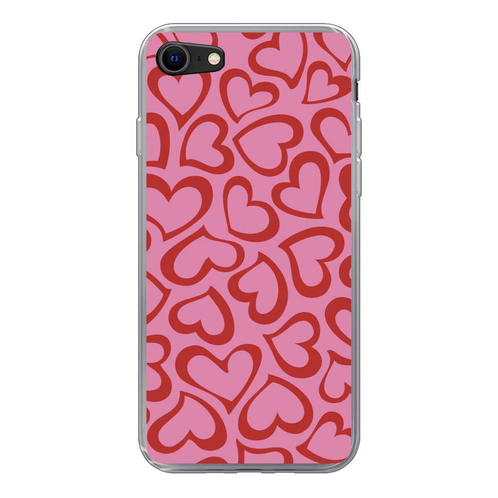 MuchoWow Handyhülle Schutzhülle Hülle für iPhone SE 2020 Eine Illustration der Tapete mit roten Herzen Silikon Softcase Handy Hülle - Karten...