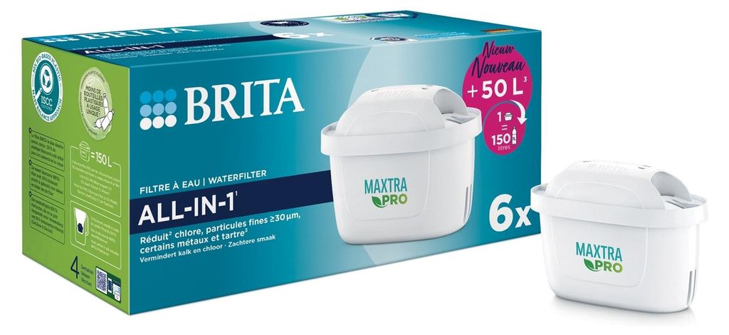 A product shot of a Brita Maxtra PRO ALL-IN-1 water filter cartridge box and one loose cartridge.
