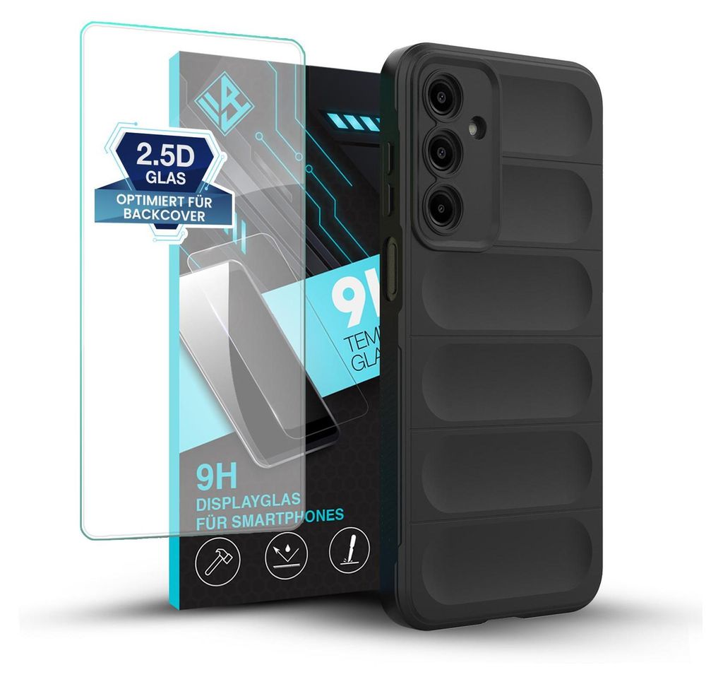 A black phone case and a screen protector are displayed against a white background.