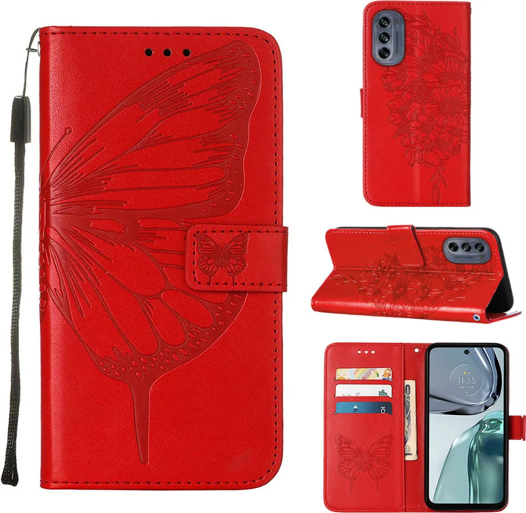 Custodia Motorola Moto G62 5G Rosso Farfalla a Rilievo con Stand