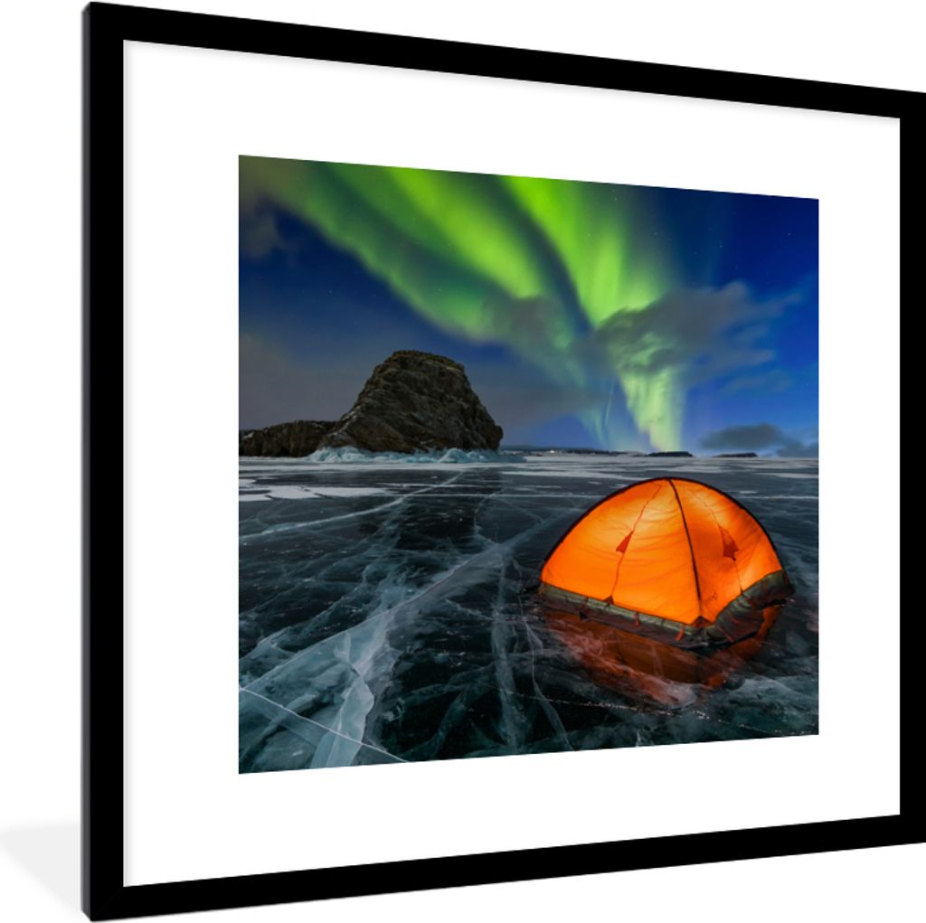 MuchoWow Gerahmtes Poster Nordlichter - Zelt - Eis - Skandinavien 40x40 cm - Poster mit Schwarzem Bilderrahmen Wandposter Rahmen Foto Bilder - Po...