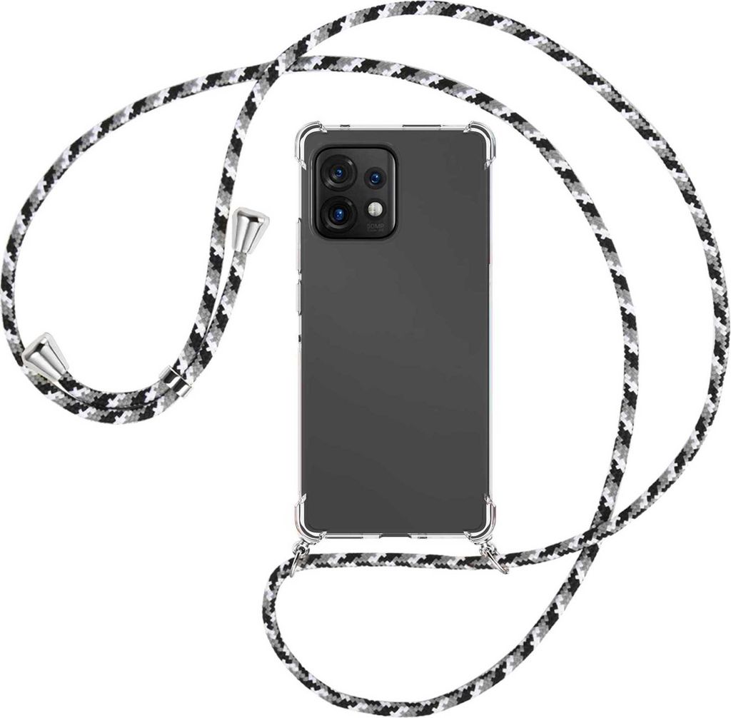 Handykette Backcover-Schutzhülle mit Band (Metall silberfarben) für Motorola Edge 40 Pro (Moto X40) - schwarz/grau/weiß