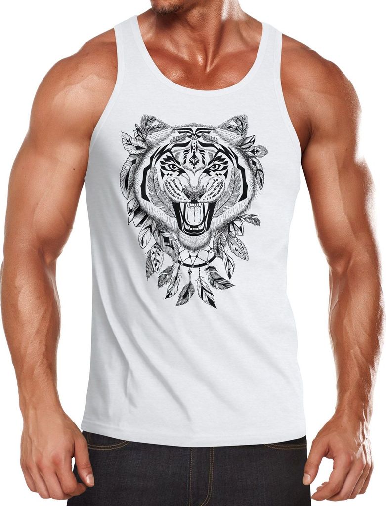 Herren Tank-Top Tiger Boho Zentangle Bohamian Atzec Federn Traumfänger Muskelshirt Muscle Shirt Neverless weiß L