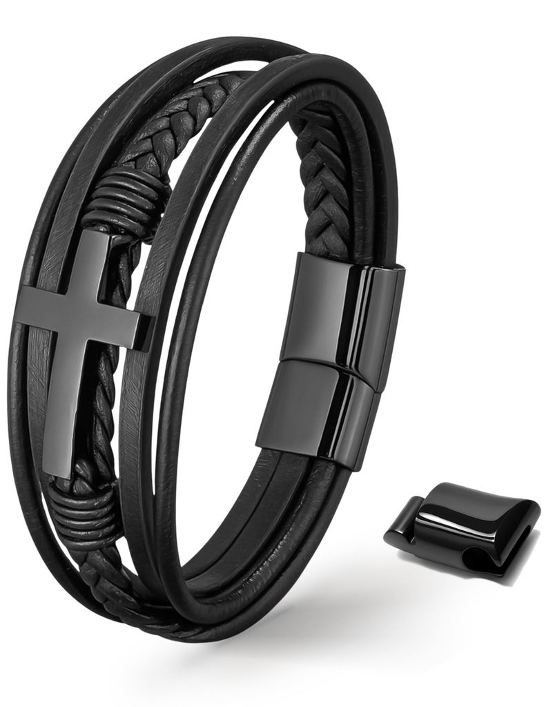 UNIQAL | Herren Lederarmband Kreuz "HEAVEN" geflochten Feder Bracelet | Echtleder, Edelstahl | Etui Box Gratis | Farbe: Schwarz | Länge: 23 cm