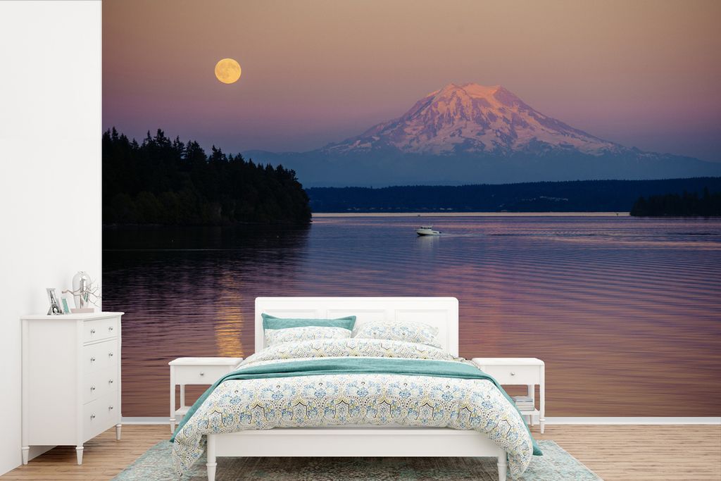 MuchoWow Fototapete für Wohnzimmer oder Schlafzimmer Wandtapete Vinyl Motivtapete Vollmond über dem Mount Rainier National Park - 360x240 cm - ...