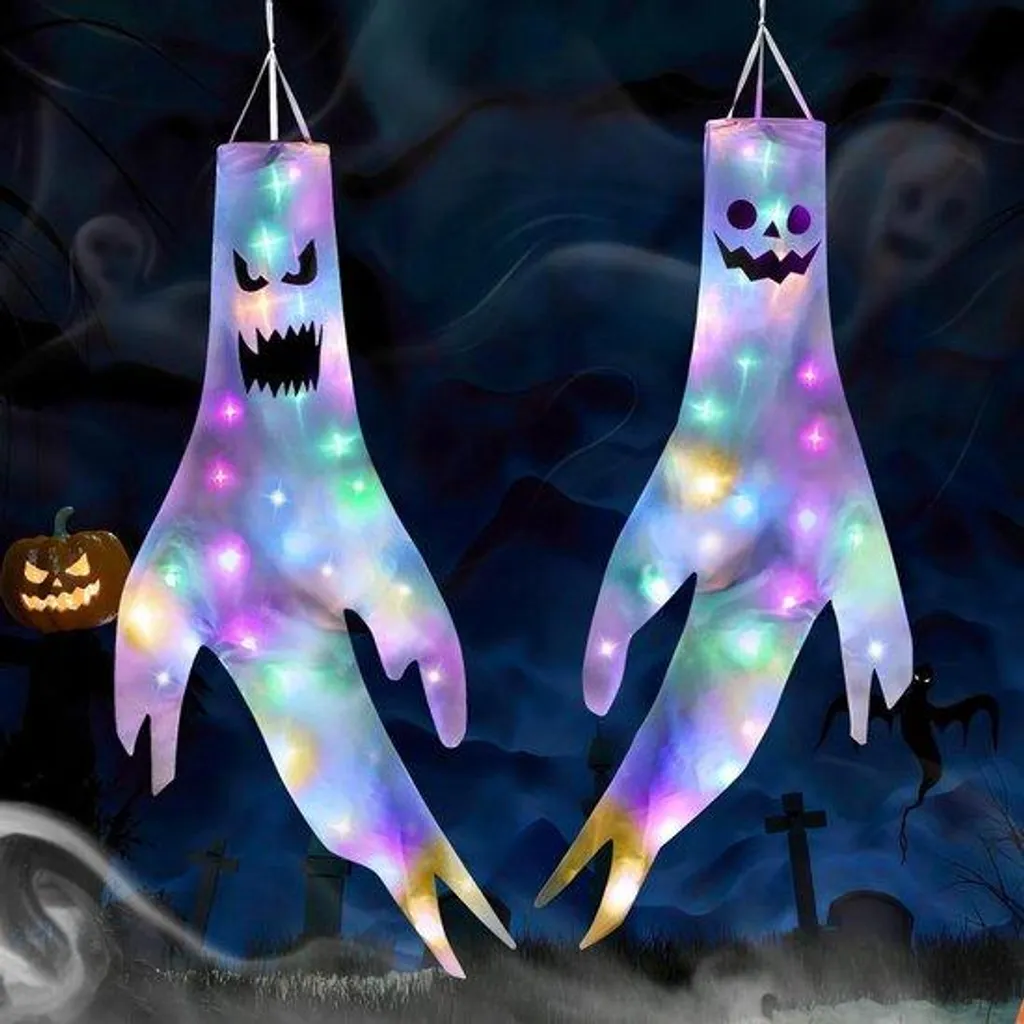 Décoration Lumineuse Halloween : Lot de 2 Manches à Vent Fantôme LED