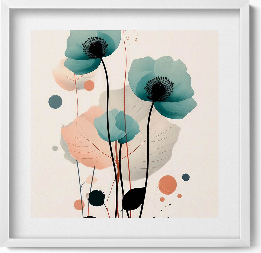 Aquarellierte Mohnblumen– Wandbild mit Rahmen – Gerahmtes Bild – Wanddekoration – 50x50 cm – Weiß Rahmen