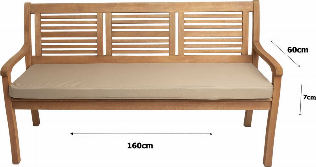 A wooden bench with a beige cushion, shown with dimensions indicated by text overlays.