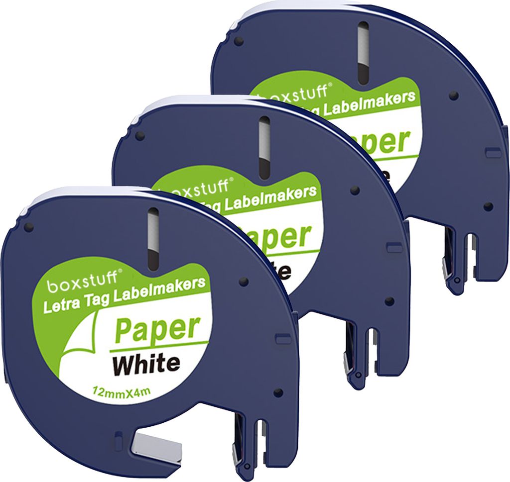 Boxstuff - Dymo LetraTag 91200 - S0721510 - Etikettenband - Schwarz auf weißem Papier - 12 mm x 4 m - 3 Stück