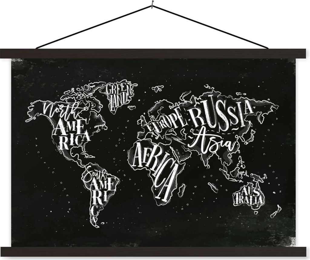 MuchoWow Textilposter Weltkarte - Einfach - Schwarz - Weiß 150x100 cm mit schwarzem Rahmen - Schlafzimmer