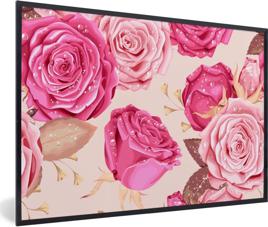MuchoWow Gerahmtes Poster Rosen - Blumen - Drops 90x60 cm - Poster mit Schwarzem Bilderrahmen Wandposter Rahmen Foto Bilder - Fotorahmen - Foto-P...