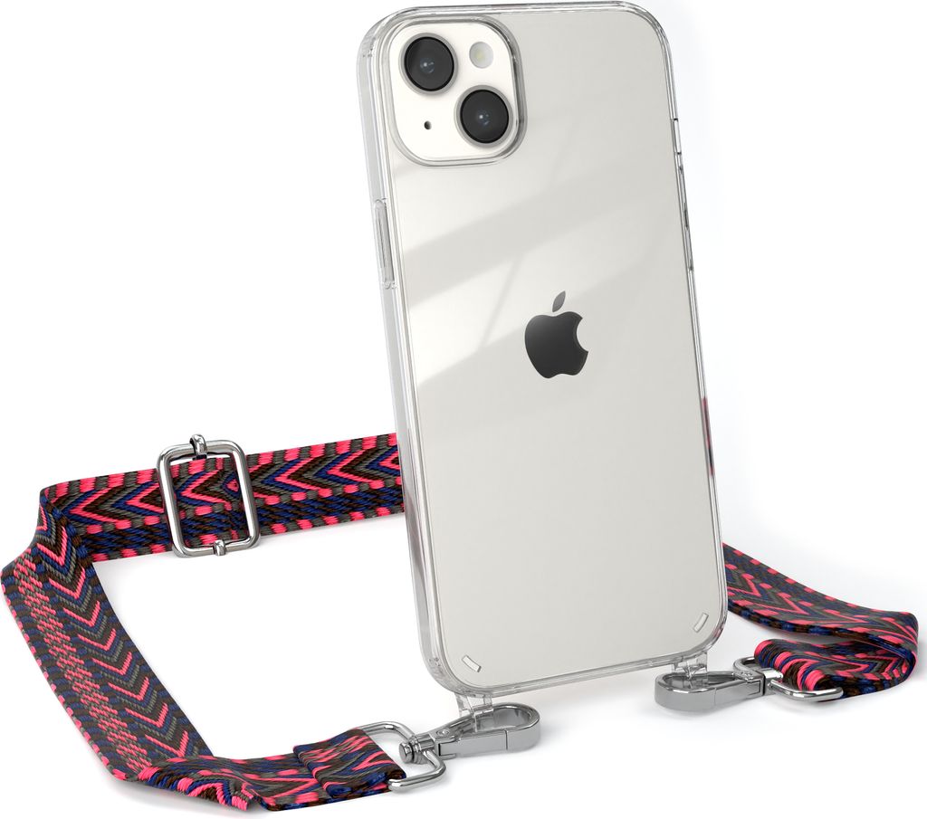 EAZY CASE Handykette - Verstellbarer Trageriemen kompatibel mit Apple iPhone 14 Plus, Handykordel mit transparenter Silikon-Hülle, Band in Rosa