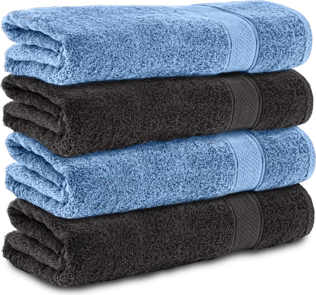Komfortec 4er Duschtücher 70x140 cm Set aus 100% Baumwolle, 470g/m², Frottee, Weich, Schwarz/Hellblau
